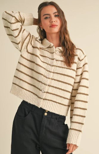 Collared Stripe Cardigan, Olive