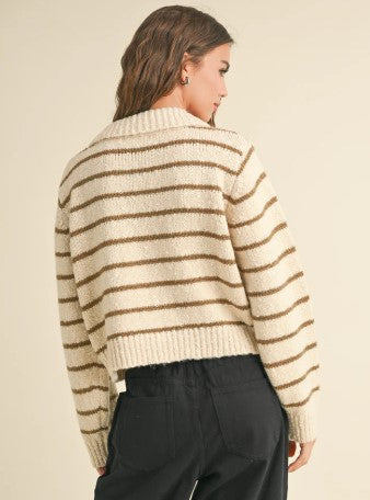 Collared Stripe Cardigan, Olive