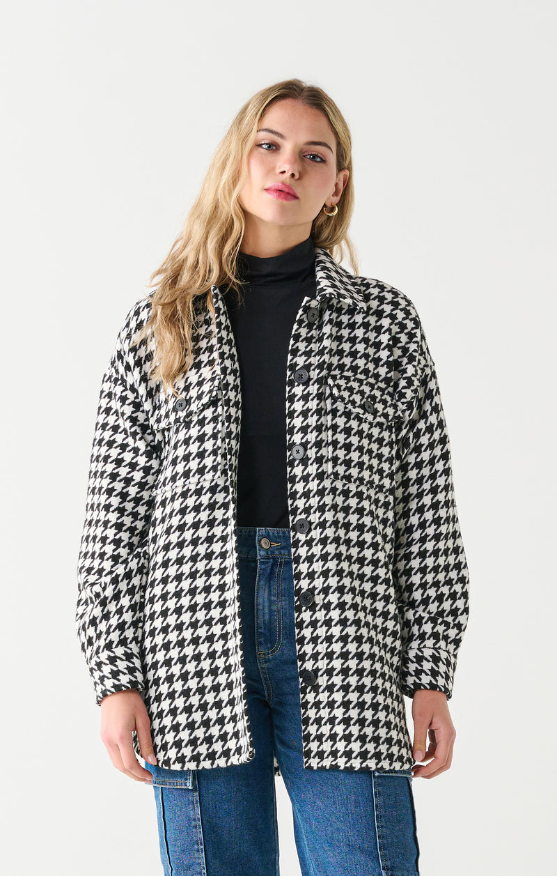 Button Front Houndstooth Shacket, Black/White