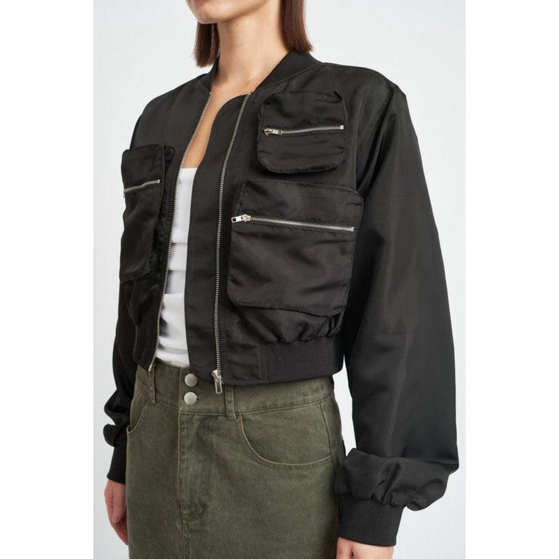 Cropped Bomber Jacket w Pocket Detail, Black