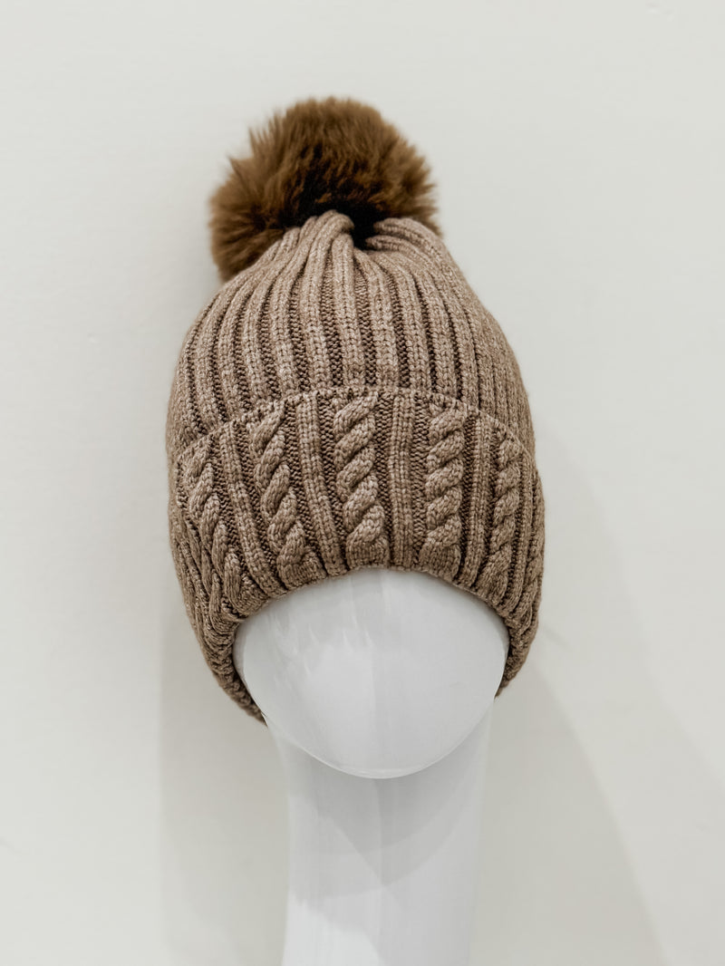 Cable Knit Beanie with Faux Pom, Taupe