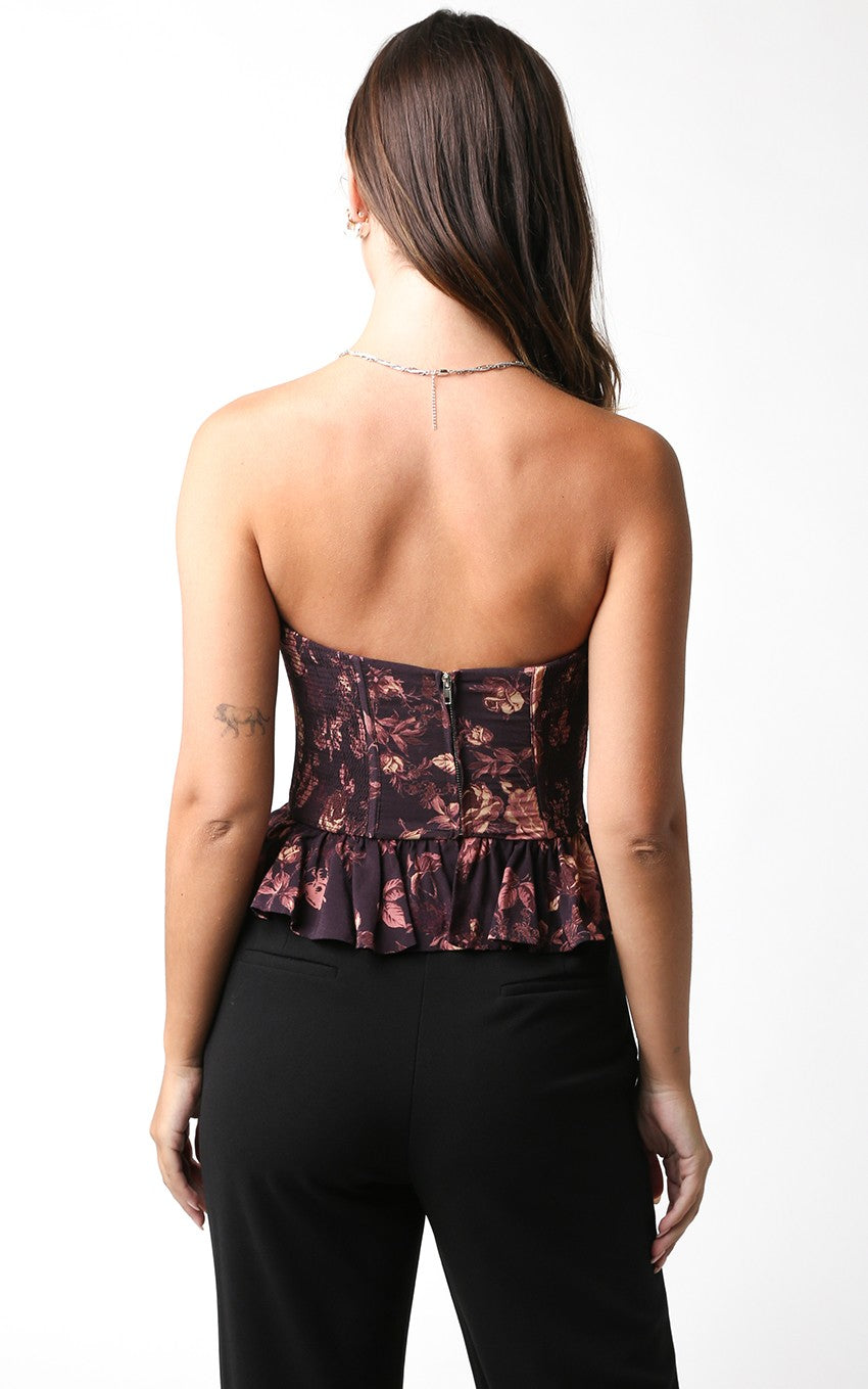 Corset Sleeveless Top, Brown Floral