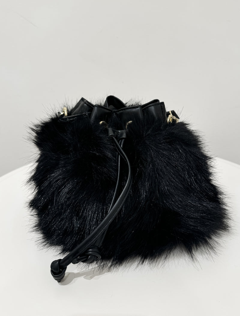 Mini Faux Fur Bucket Bag, Black