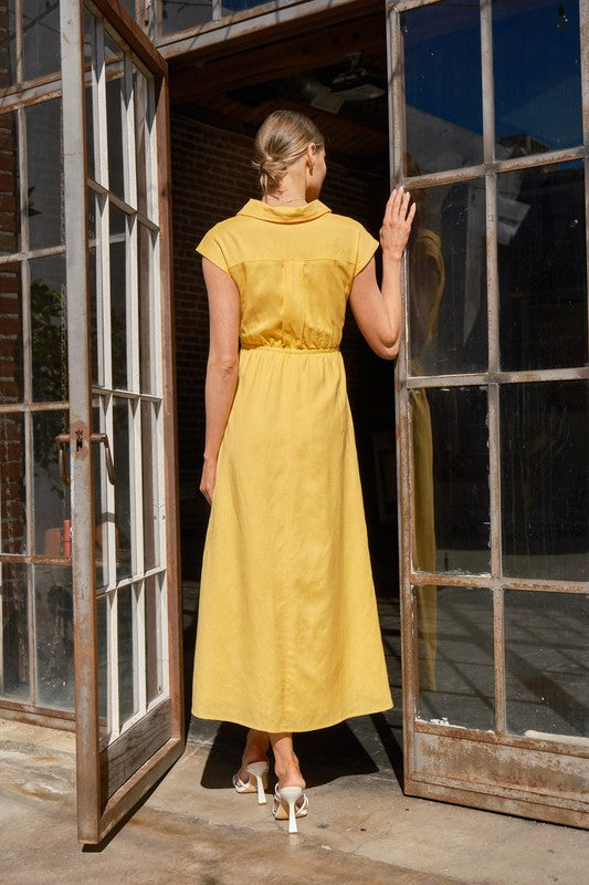 Front Cutout Linen Maxi Dress, Yellow