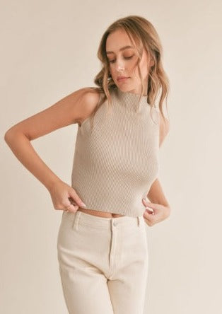 Erica mock neck ribbed sweater tank, taupe