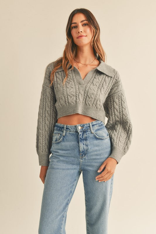 Long Sleeve Cable Collared Sweater, Heather Grey