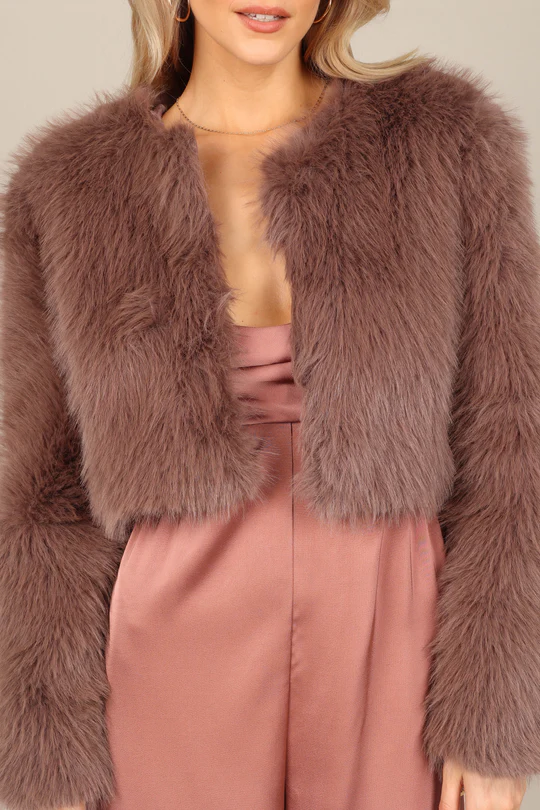 Cropped faux fur jacket, mocha