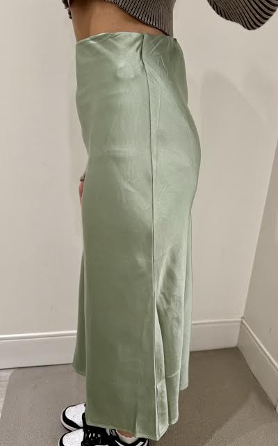 Satin Elastic Waist Midi Skirt, Sage