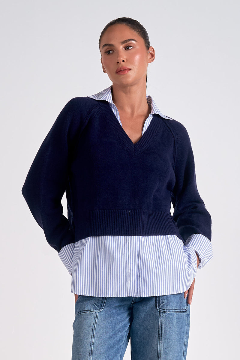 Long Sleeve Vneck Sweater Shirt Combo, Navy