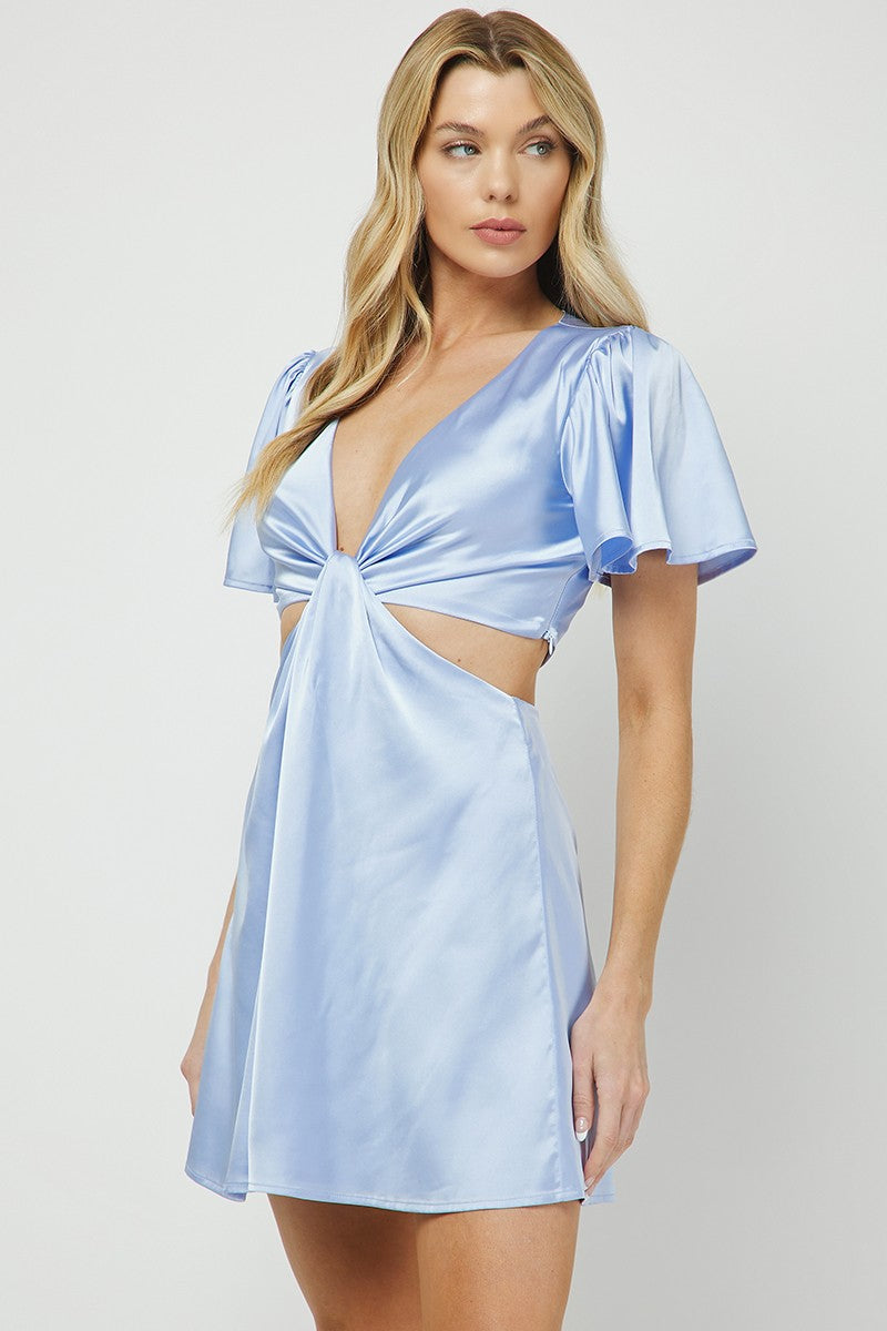 Satin Mini Dress with Cutouts, Baby Blue