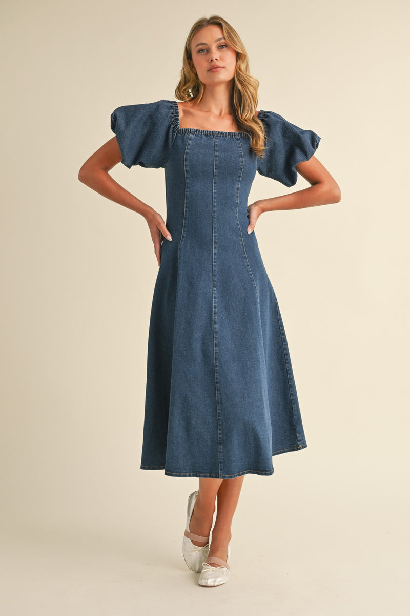 Off Shoulder Denim Puff Sleeve Midi Dress, Denim