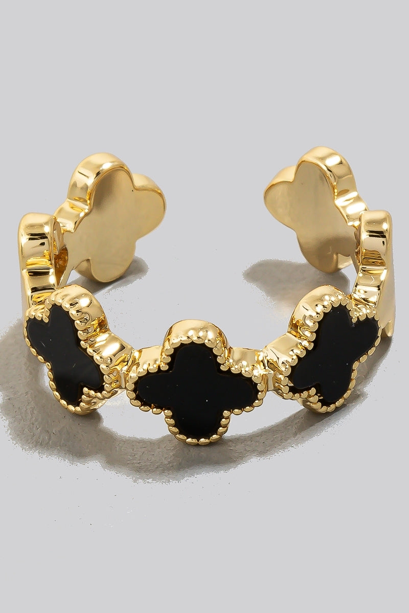 Shell Clover Open Band Ring, Black/Gold