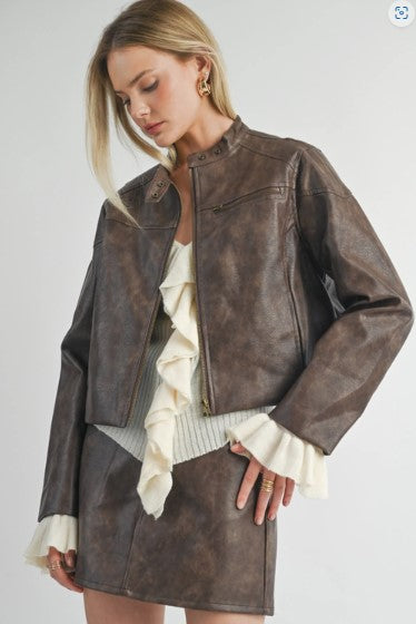 Vegan Leather Biker Jacket, Chocolate