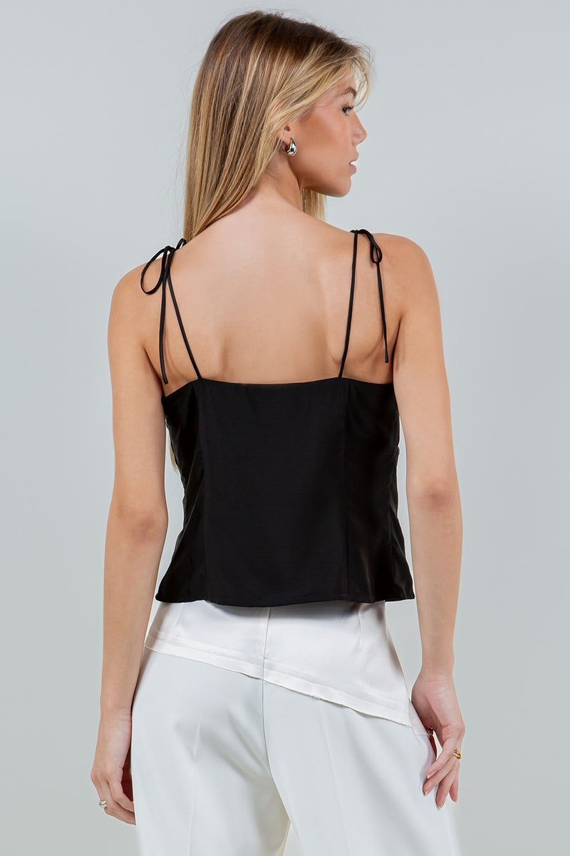 Button Detail Lace Tank, Black