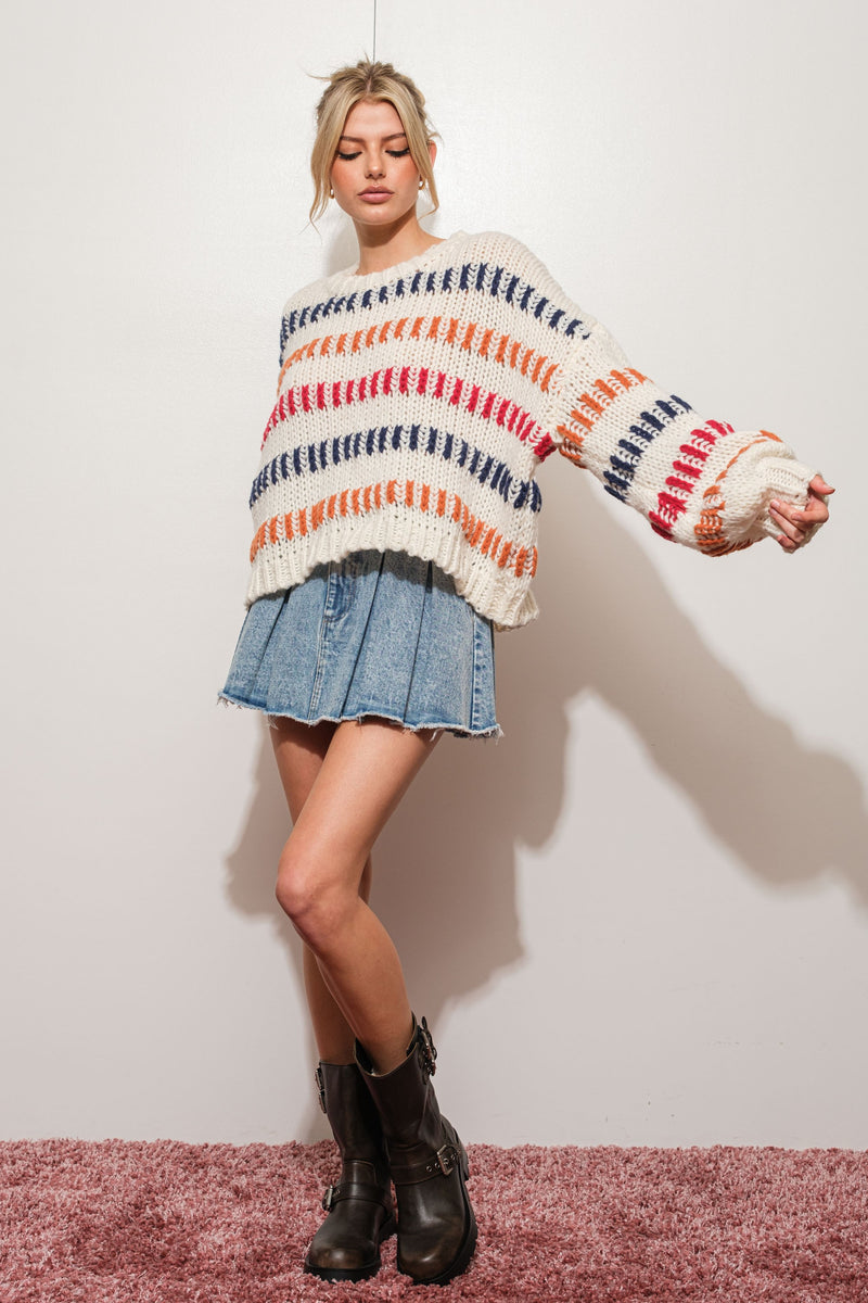 Striped Knit Sweater, Ivory/Multi