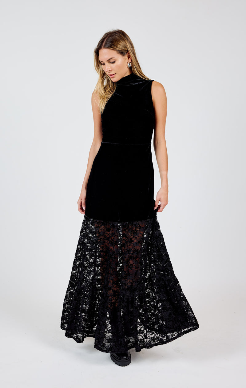 At Dusk Velvet Lace Contrast Maxi Dress, Black