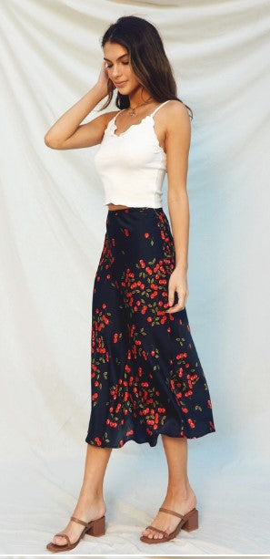 A Line Cherry Satin Midi Skirt, Cherry Black