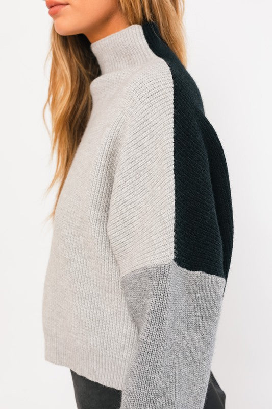 Colorblock Turtleneck Sweater, Heather Grey