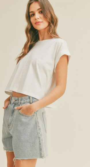 Short Sleeve Cuff Knit Top, White