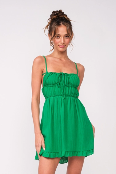 Solid Open Back Ties Ruffle Trim Mini Dress, Green