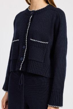 Rochelle Contrast Stitch Cardigan, Navy