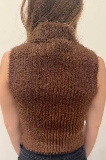 Sleeveless Mohair Turtleneck Sweater, Brown