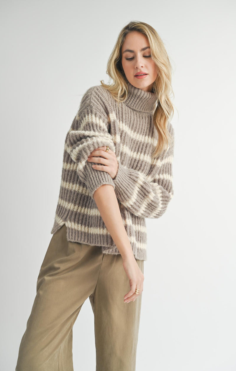 Aki Turtleneck Striped Sweater, Moss