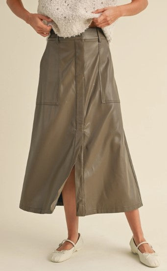 Pleather Aline Midi Skirt, Brown