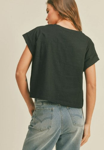 Short Sleeve Cuff Knit Top, Black