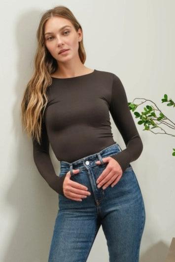 Long Sleeve Round Neck Fitted Knit Top, Black