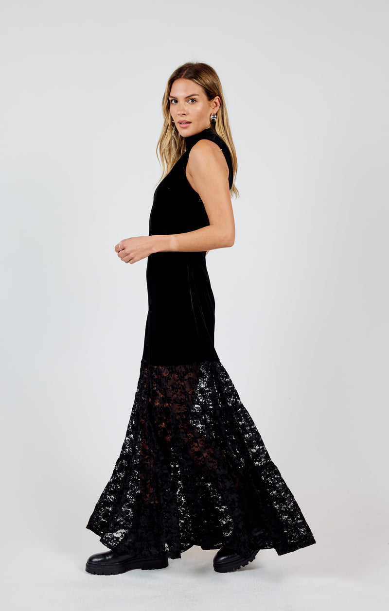 At Dusk Velvet Lace Contrast Maxi Dress, Black