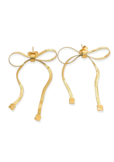 Dainty Herringbone Bow Earrings, Gold
