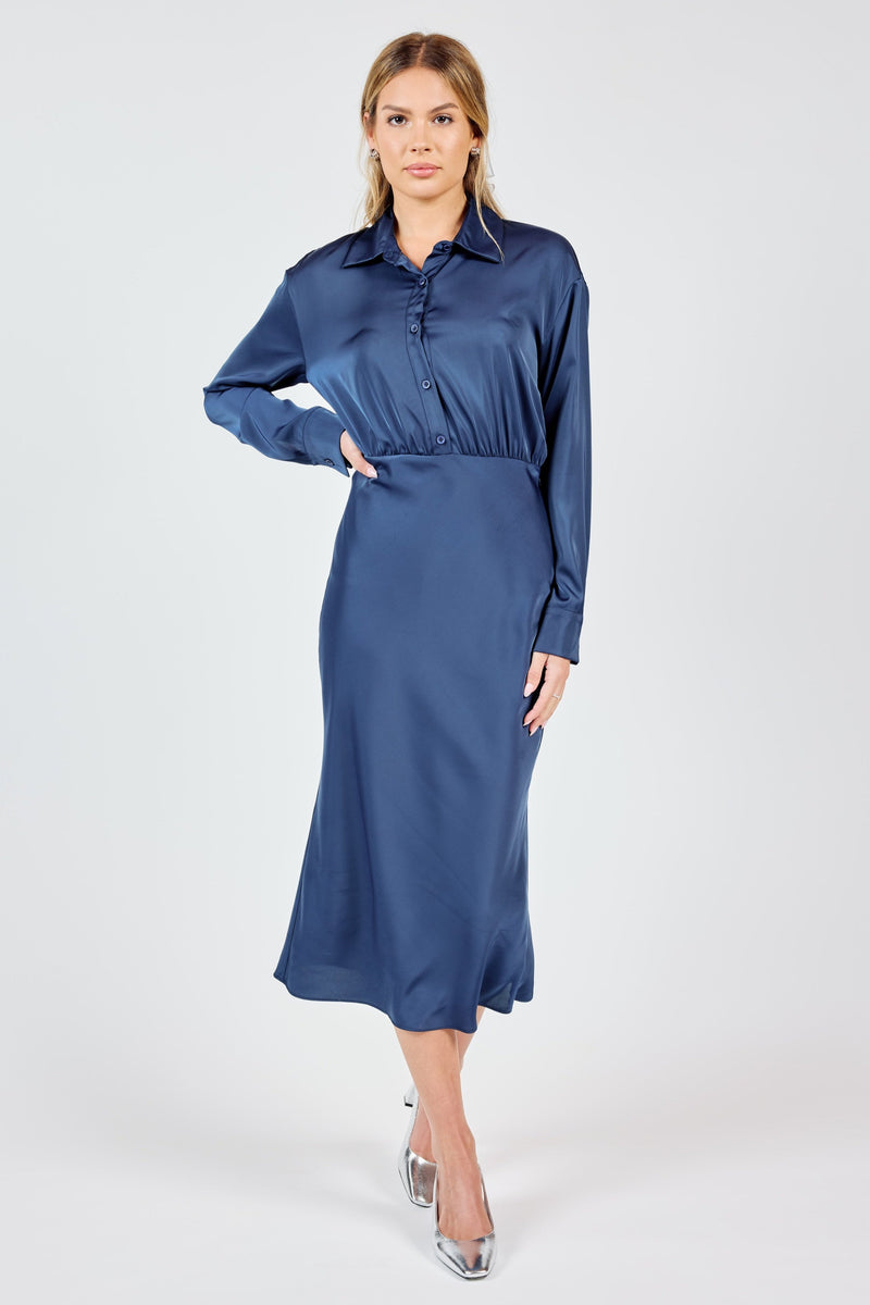 Last Night Shirt Open Back Midi Dress, Navy