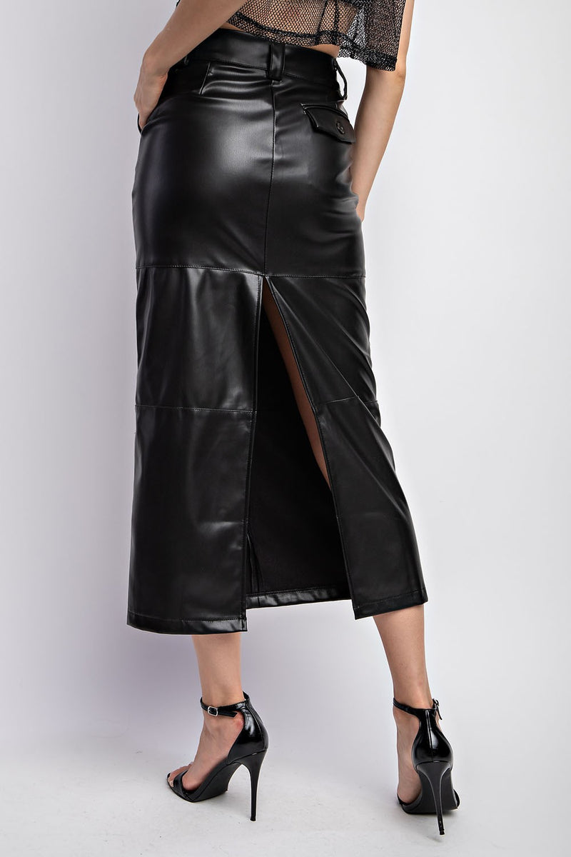 Pocket Detail Faux Leather Midi Skirt, Black