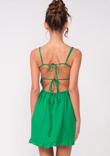 Solid Open Back Ties Ruffle Trim Mini Dress, Green