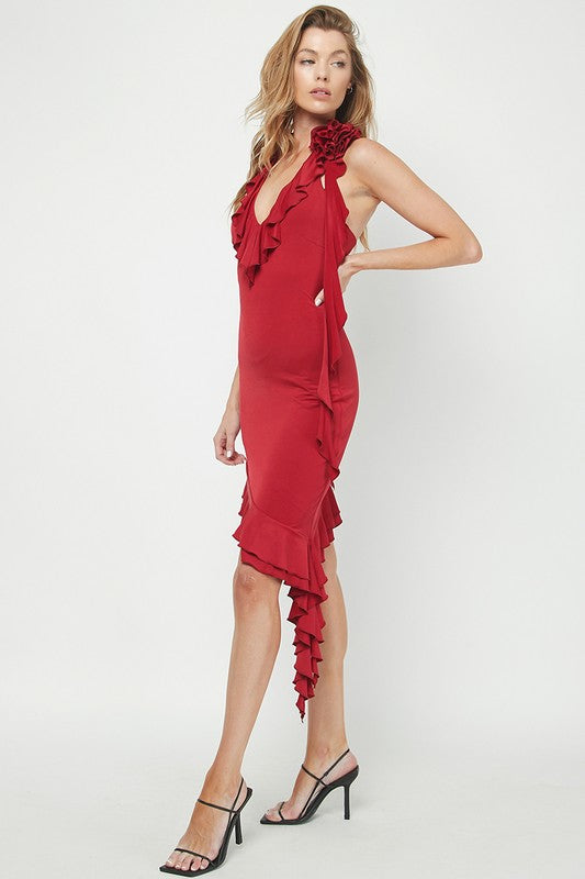 Halter Asymmetrical Dress With Rosette, Red