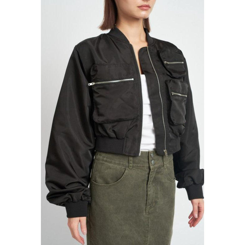 Cropped Bomber Jacket w Pocket Detail, Black