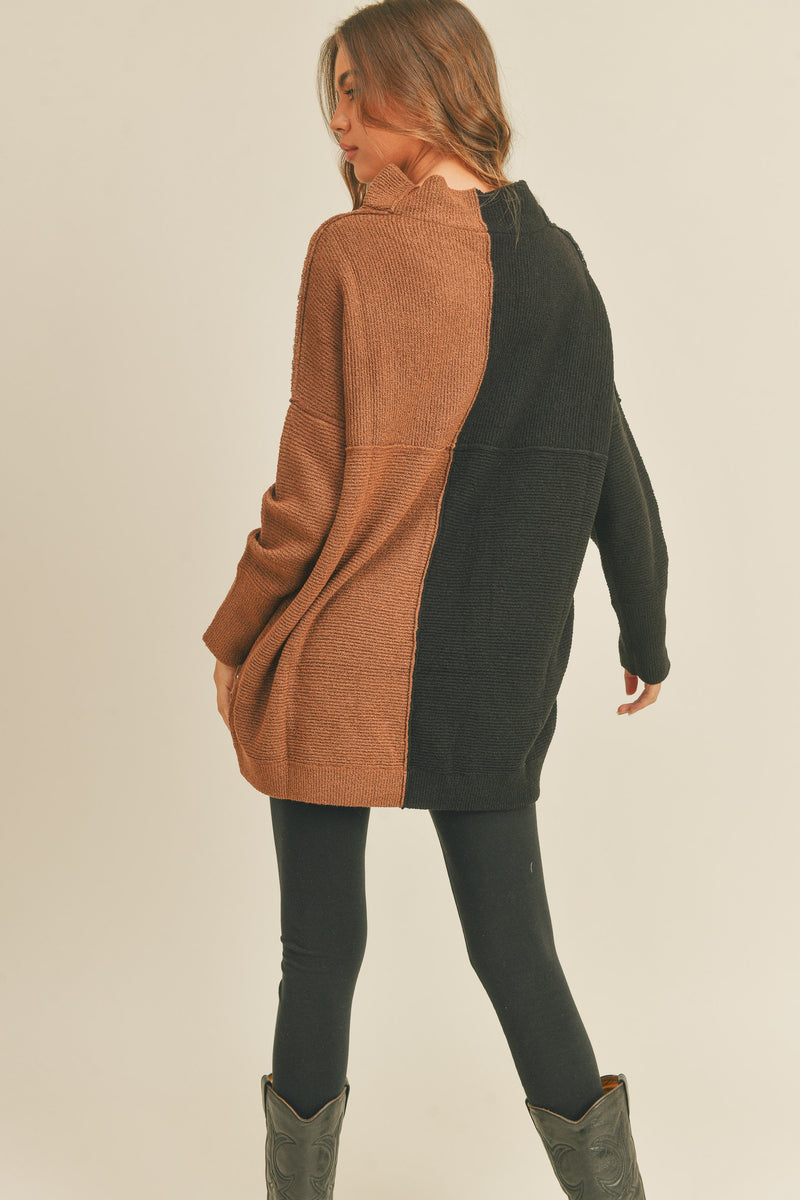 Color Block Tunic Sweater, Brown/Black