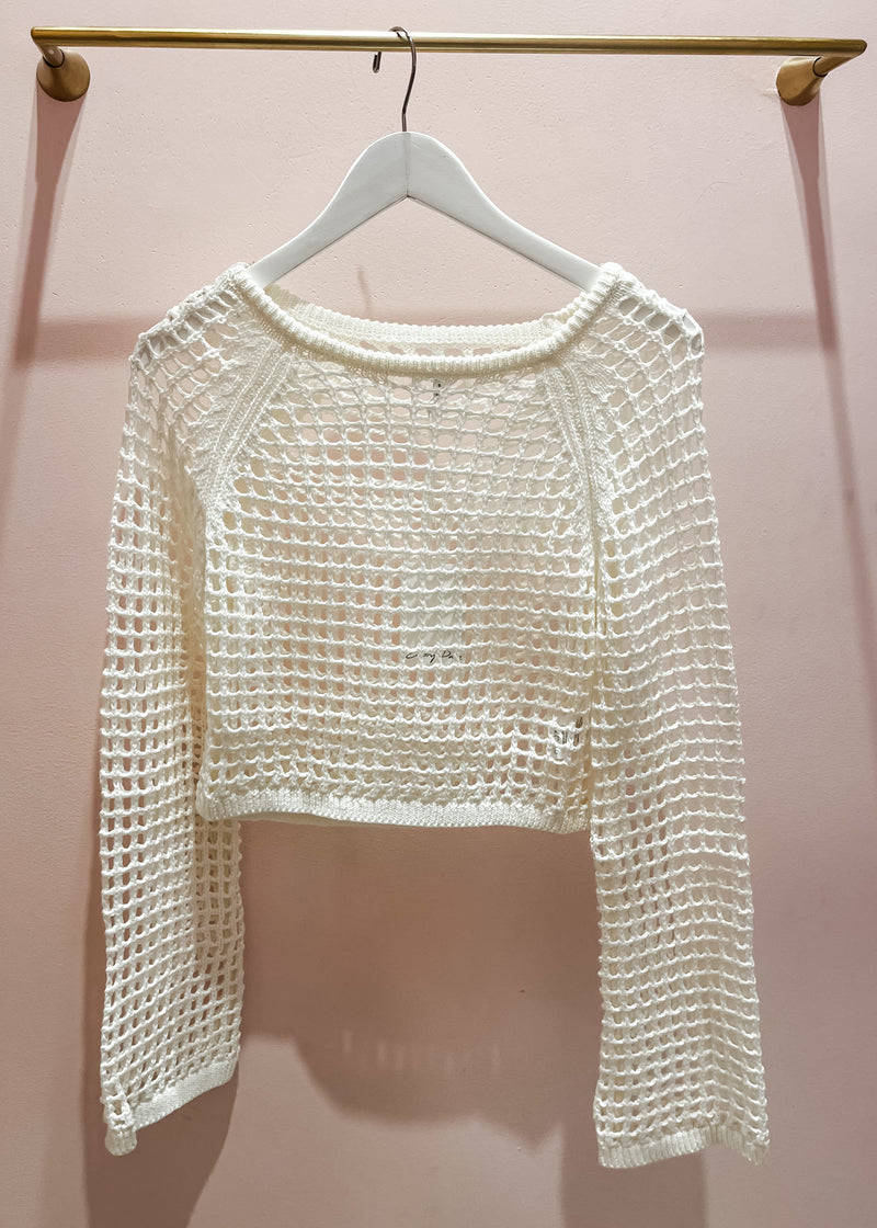 Bell Sleeve Open Knit Crochet Top, White