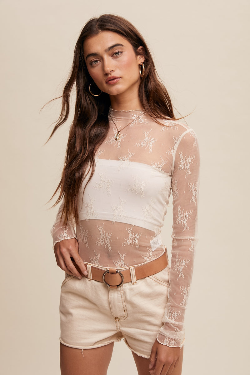 Lace Mock Neck Layering Top, Ecru