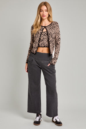 Button Down Sweater Cami Set, Leopard