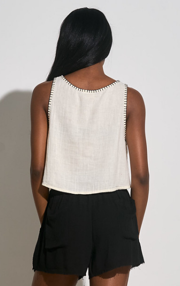 Contrast Stitching Linen cropped tank, off white