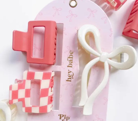 Pink Bow Checkered Hair Clip Set