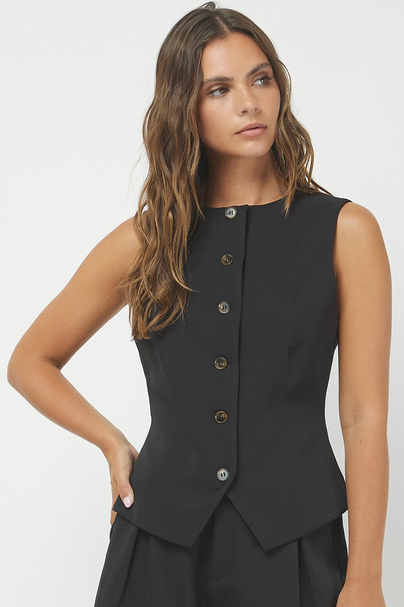 Button Down Sleeveless Vest, Black