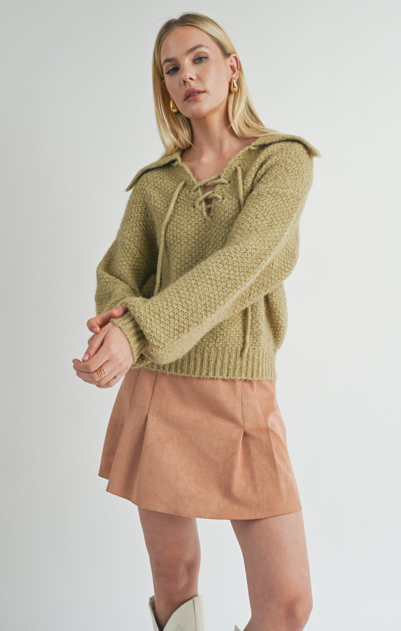 Sophia Lace up V-Neck Sweater, Sage