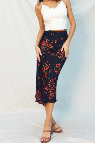 A Line Cherry Satin Midi Skirt, Cherry Black