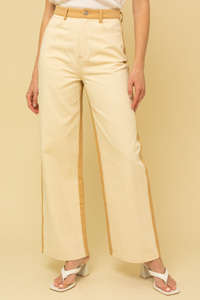 Color Block Twill Straight Pants, Cream