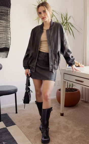 Oversized Faux Leather Bomber, Dark Brown