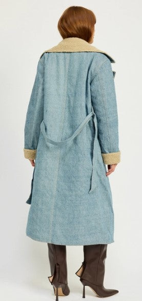 Sherpa Collar Denim Trench Coat