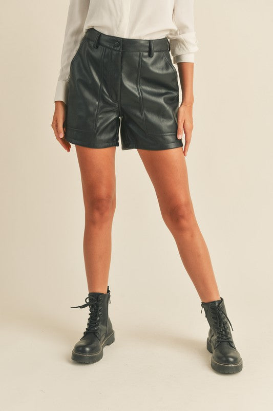 Hi Waisted Leather Shorts, Black